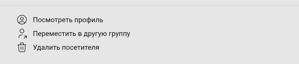 Меню посетителя: «Посмотреть профиль», «Переместить в другую группу», «Удалить посетителя»