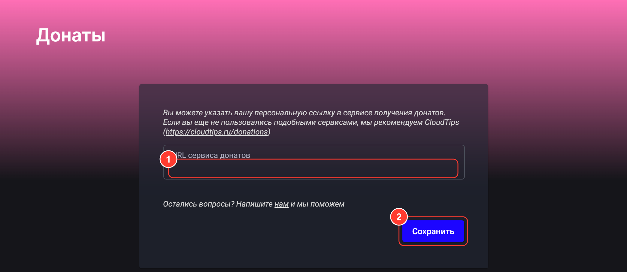Раздел «Донаты»: поле «URL сервиса донатов» и кнопка «Сохранить»