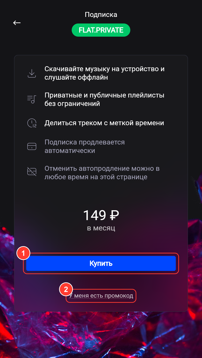 Экран подписки FLAT.PRIVATE: возможности, цена 149 ₽ в месяц, кнопка «Купить», «У меня есть промокод»