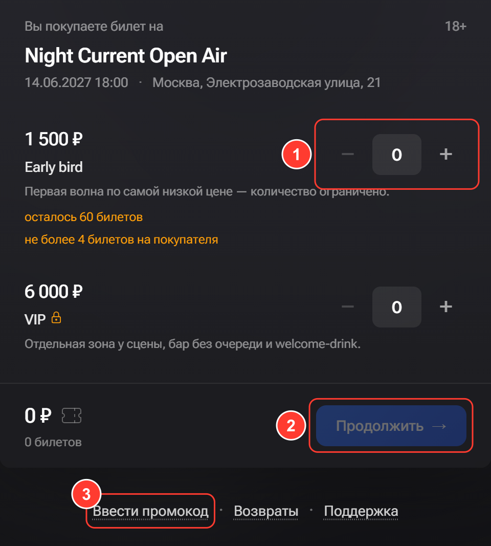 Виджет продажи билетов: событие, типы билетов Early bird и VIP с кнопками «−» и «+», VIP с замком — закрытая продажа, сумма, кнопка «Продолжить», ссылки «Ввести промокод», «Возвраты», «Поддержка»