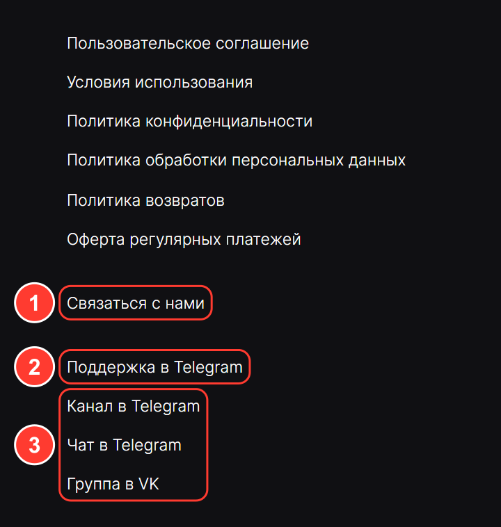 Подвал справки: документы (соглашение, политики), «Связаться с нами», «Поддержка в Telegram», «Канал в Telegram», «Чат в Telegram», «Группа в VK»