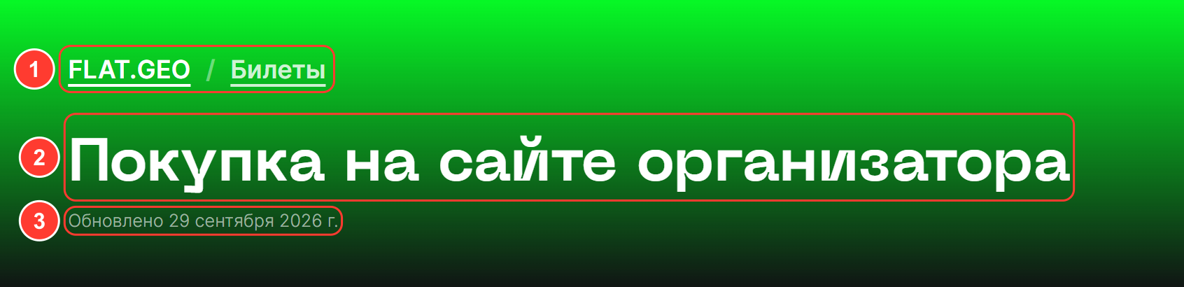 Шапка статьи «Покупка на сайте организатора» в цвете раздела: ссылки «FLAT.GEO / Билеты», заголовок и дата «Обновлено»