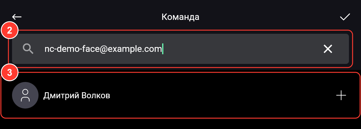 Экран поиска: введён email, найден аккаунт Дмитрий Волков с плюсом справа